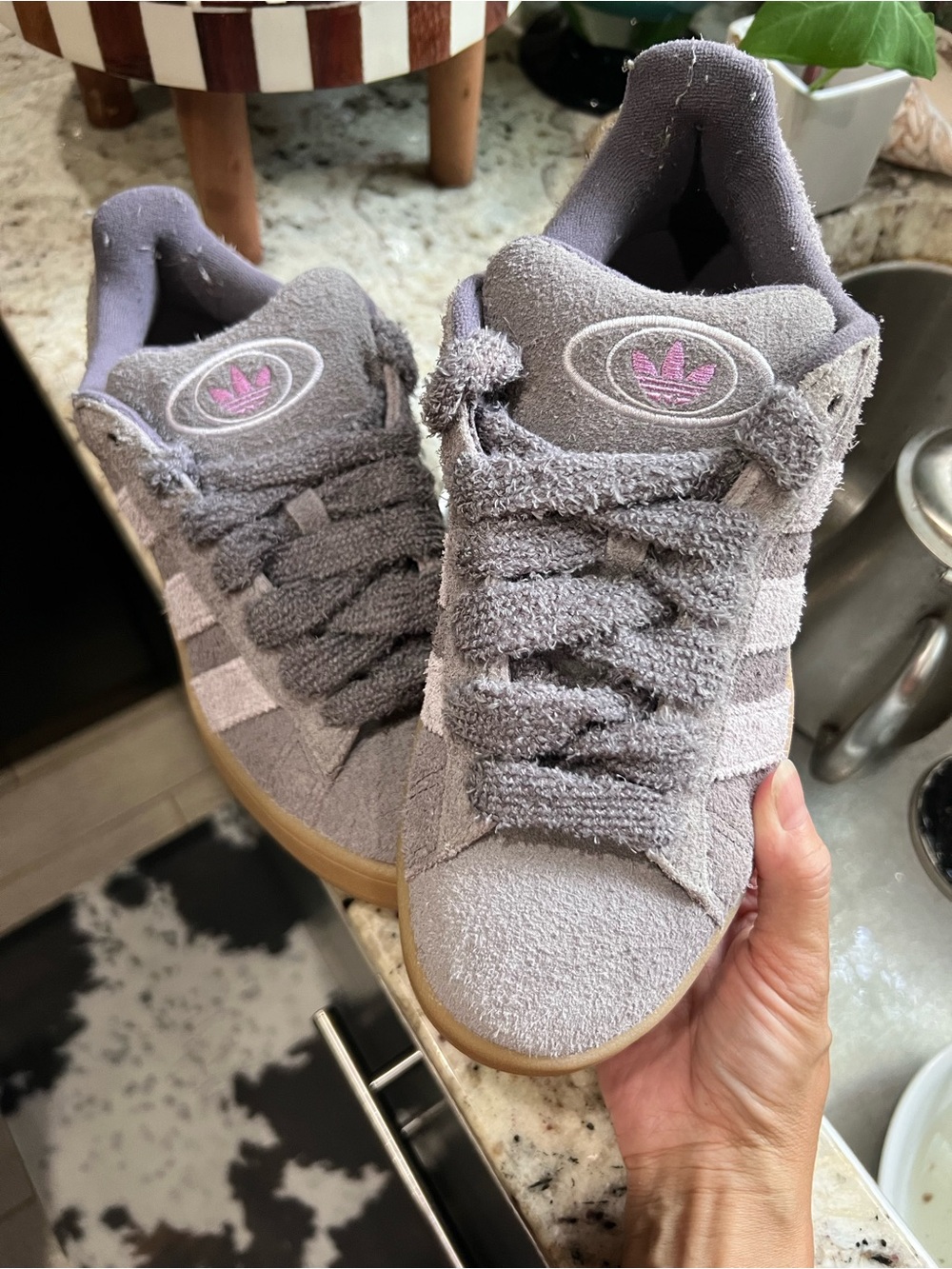 adidas Gray Suede furry fuzzy Sneakers with Pink emblem price is firm